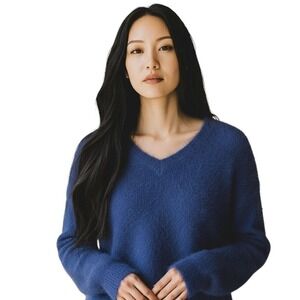 Fuzzy Knit Sweater V Neck Long Sleeve Cobalt Blue Pullover Soft Comfortable